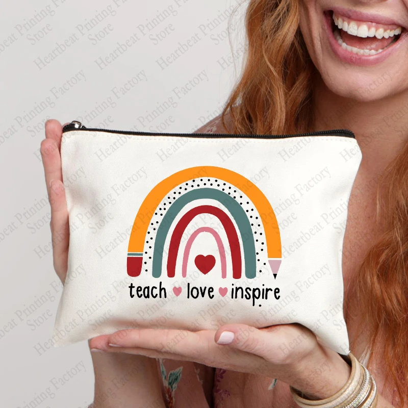 Sac à cosmétiques motif Teach Love Inspire, trousses de toilette arc-en-ciel, sac de rangement portable pour poudres de lavage, sac de rangement de voyage