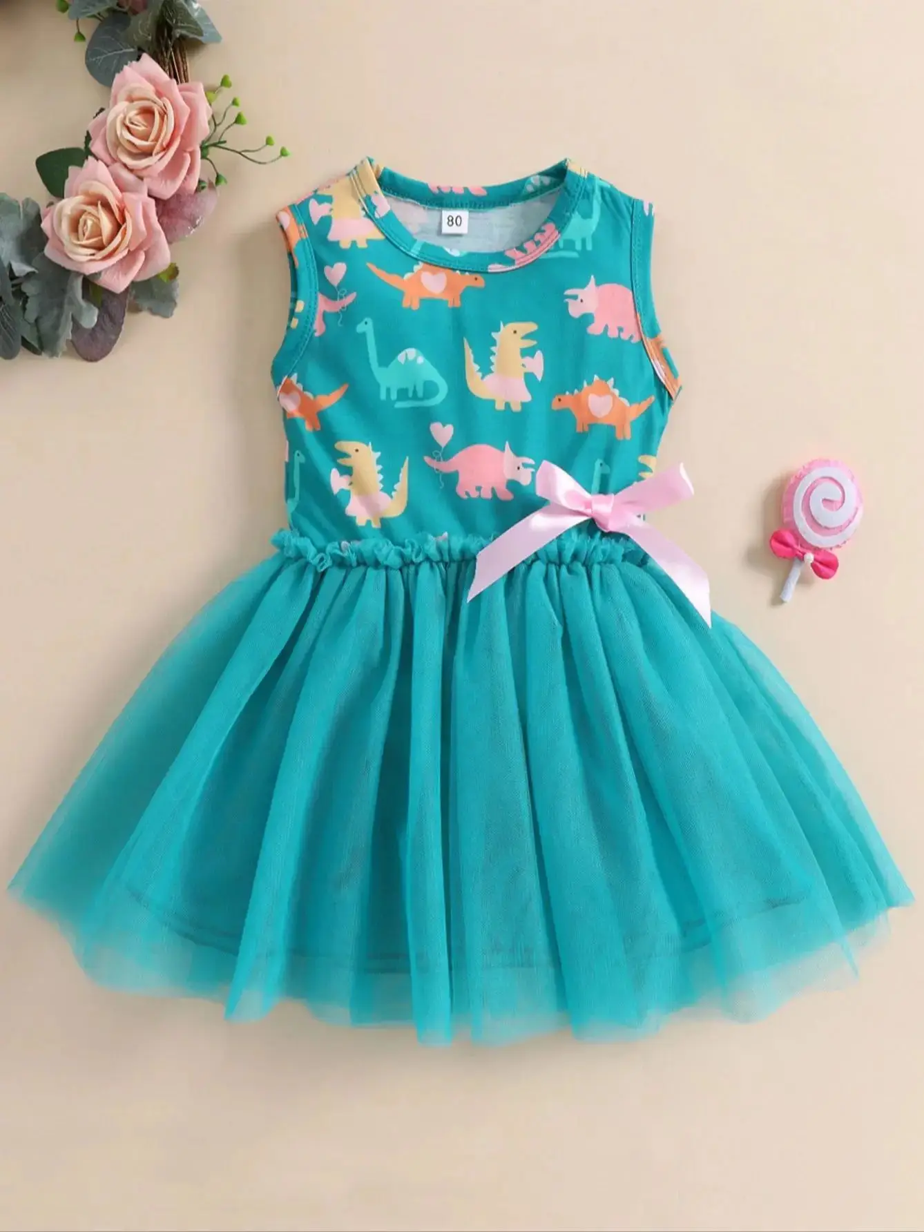 Robe de princesse d'été pour petites filles de 1 à 5 ans, vêtements sans manches, imprimé dinosaure, en maille, pour enfants, fête