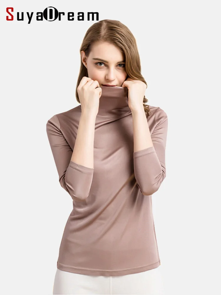 SuyaDream femmes col roulé à manches longues solide pulls tricoté en soie naturelle Chic fond t-shirt 2022 printemps haut d'automne