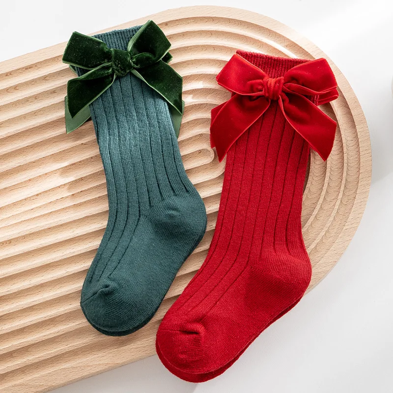 Chaussettes de noël pour bébés filles, automne hiver, tout-petits, grand nœud, hauteur des genoux, longues, en coton doux, rouge, pour nouveau-nés de 0 à 5 ans