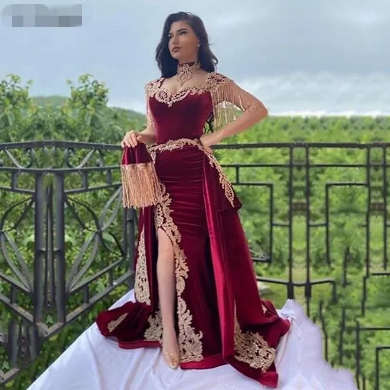Robe de Soirée en Velours de Forme Sirène Arabe, Surjupe de Luxe, Fendue sur le Côté, Appliques en Dentelle, Bal de Promo, Quel que soit le Col Haut, Pompon Préliminaire, 3 Pièces