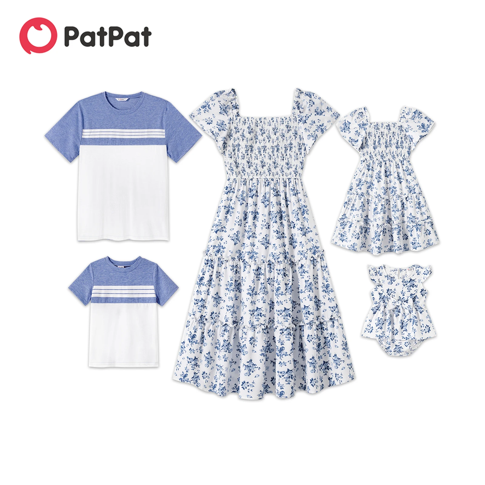 PatPat-Tenues assorties pour la famille, robes à plusieurs niveaux froncées à imprimé floral Allover, ensembles de t-shirts à bloc tournant à manches courtes