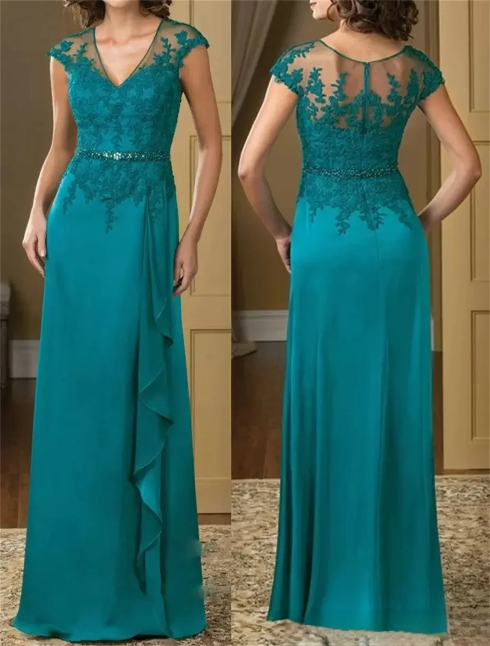 Robe trapèze en dentelle pour mère de la mariée, longueur au sol, élégante, en mousseline de soie, manches courtes, avec ceinture à volants, 2023