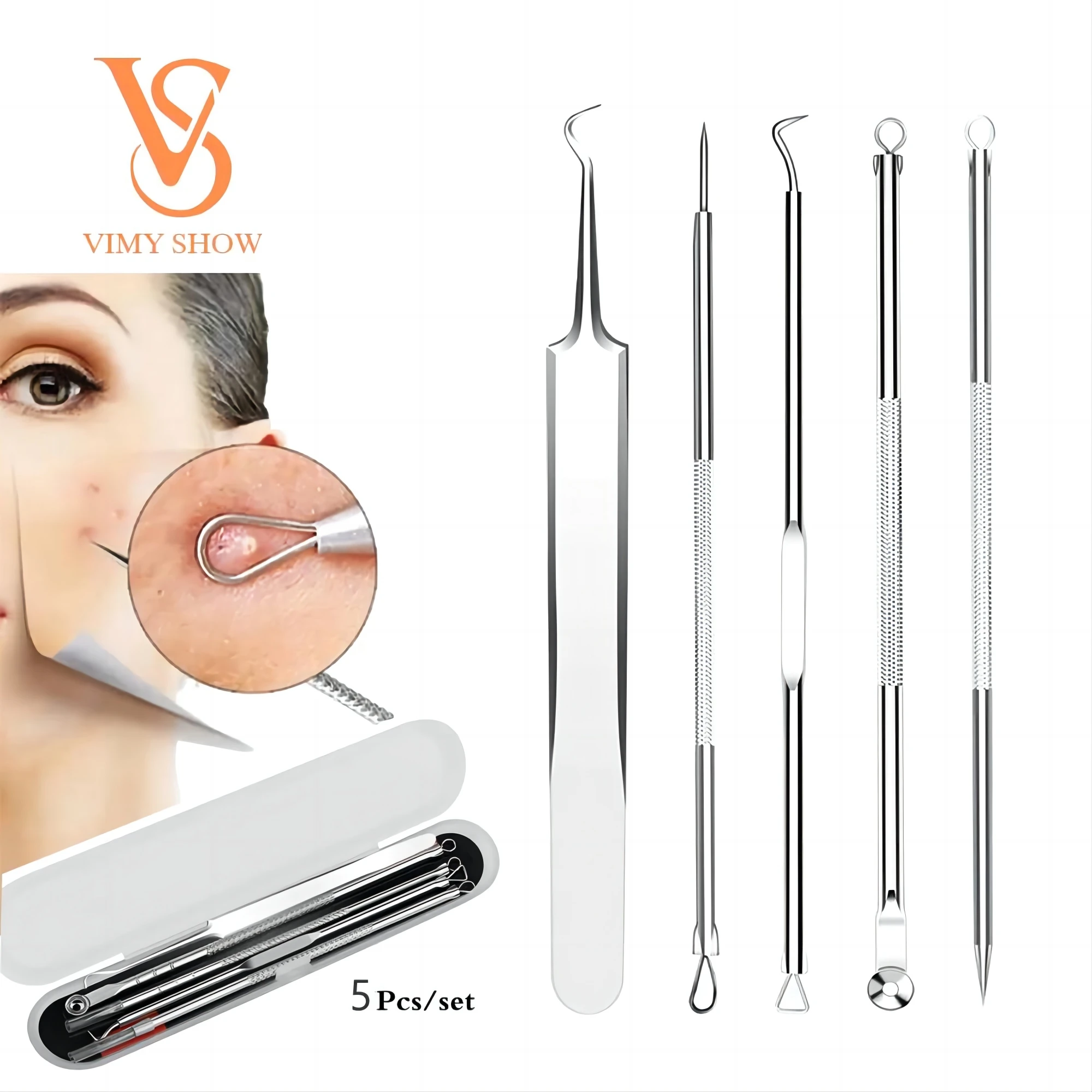 Extracteur de comédons et de points noirs, Kit d'élimination de l'acné pour les imperfections, les points blancs, l'élimination des Zit pour les outils du nez et du visage, 5 pièces