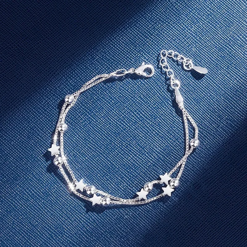 SAIYE argent Sterling Double couches étoiles perles Bracelets pour femme élégant boîte chaîne bracelet à breloques cadeau de fête d'anniversaire