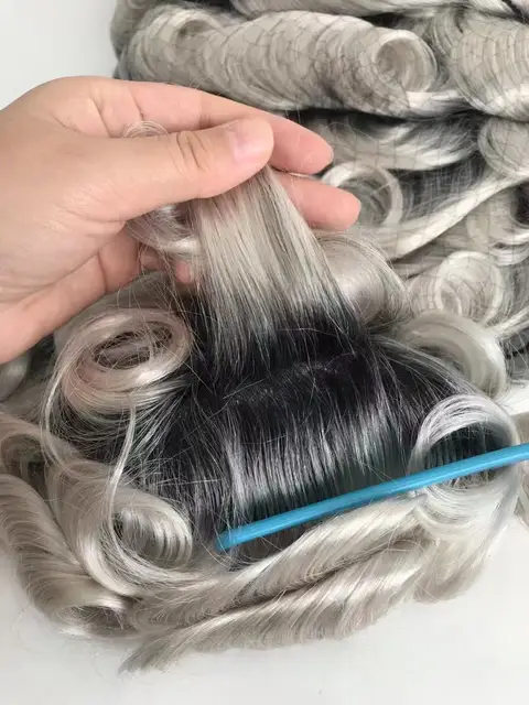 Toupet à base de peau pour hommes, racine noire, cheveux gris humains, double nœud, base de peau complète, silicone, outre les zones capillaires – Image 4