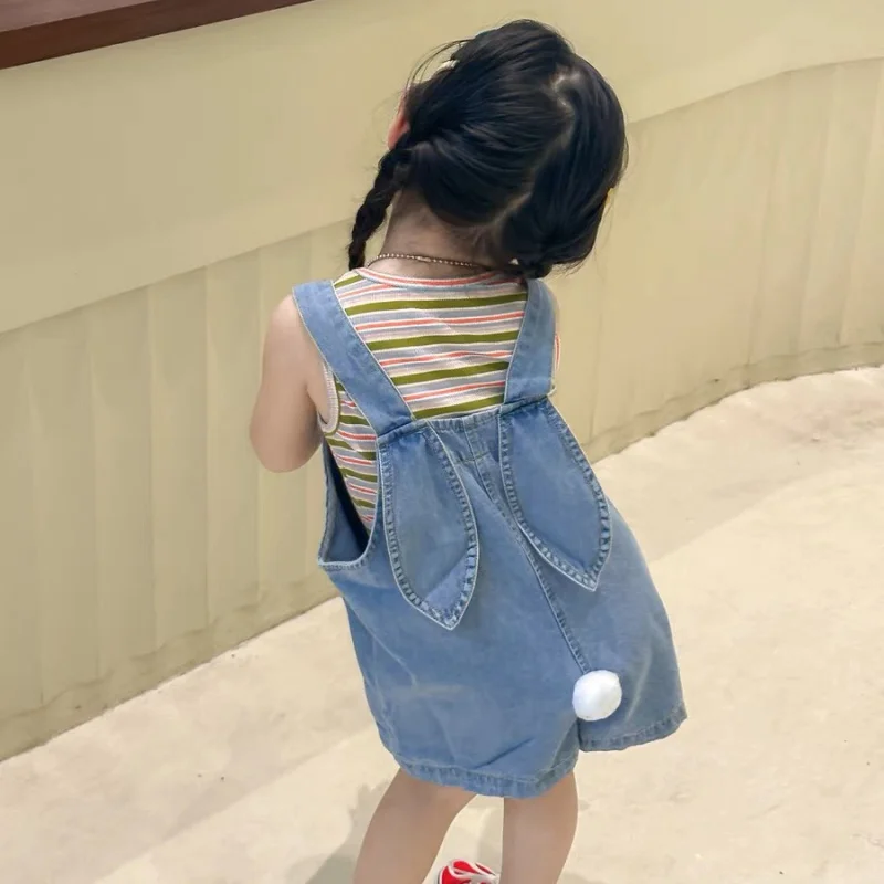 Salopette en jean à bretelles pour bébé fille, combinaison d'été en denim avec oreilles de lapin, design queue de lapin, poche adt, pantalon à bretelles, mode décontractée, short en jean