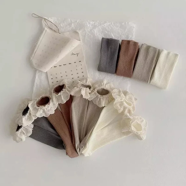 Chaussettes en dentelle à volants pour bébés filles, chaussettes princesse hautes, chaussettes longues en coton doux, chaussettes mignonnes pour enfants, mode fille, 0 à 8 ans, 4 paires