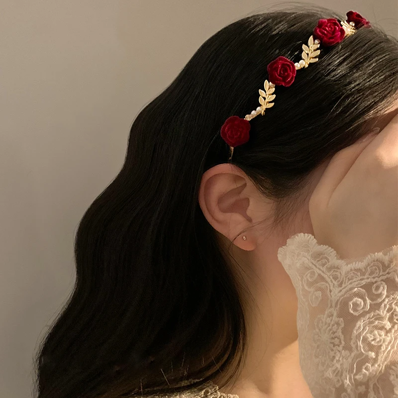 Dames élégant Rose vigne bandeau cheveux accessoires coiffure filles Vintage métal fleur perle rouge Rose diadème bandeaux