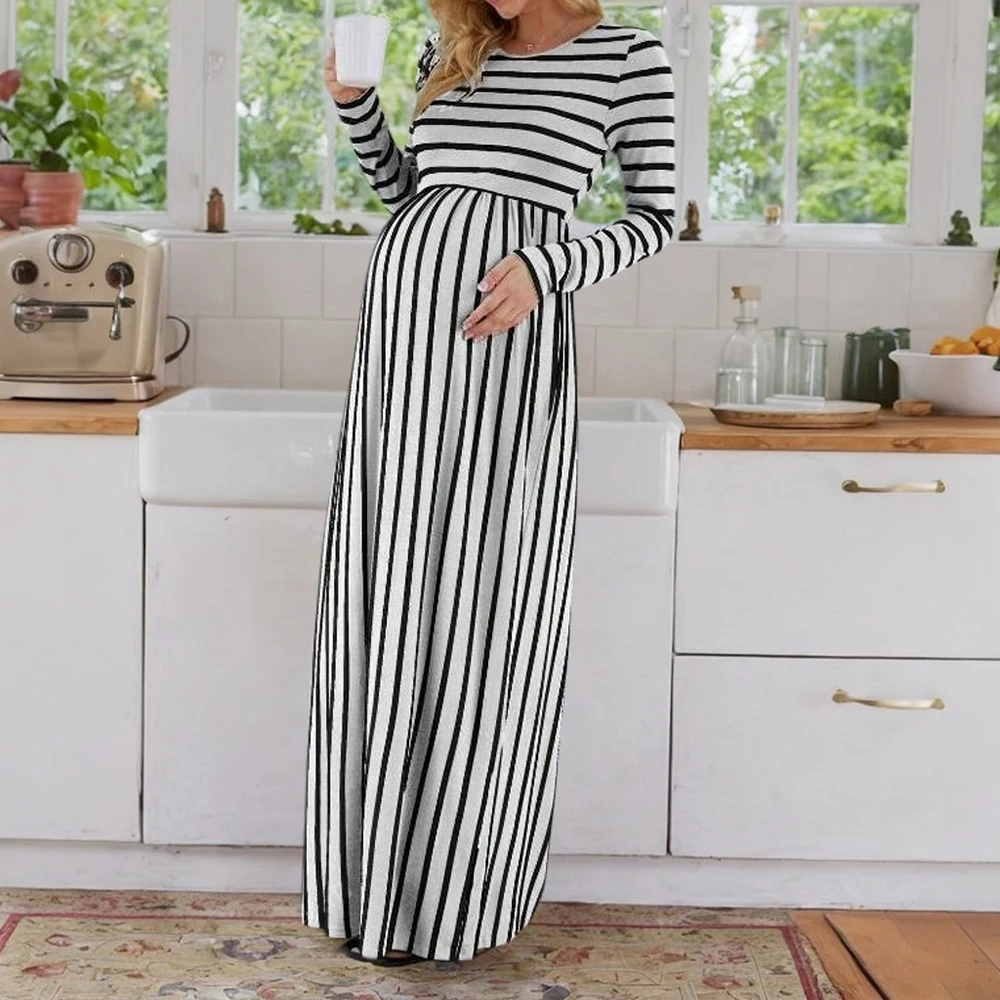 Robe Longue de Grossesse à Rayures et Col Rond pour Femme Enceinte, Vêtement Maxi à la Mode, Nouvelle Collection Automne Hiver 2024