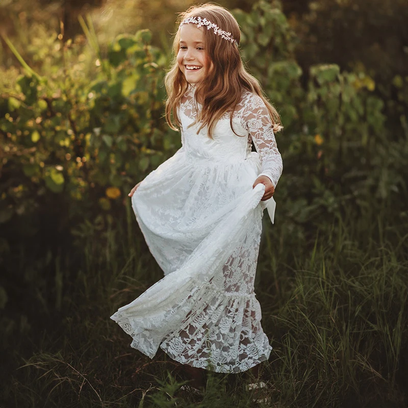 Robe d'été à manches longues pour filles de 2 à 12 ans, tenue de communion, de baptême, de mariage, de demoiselle d'honneur