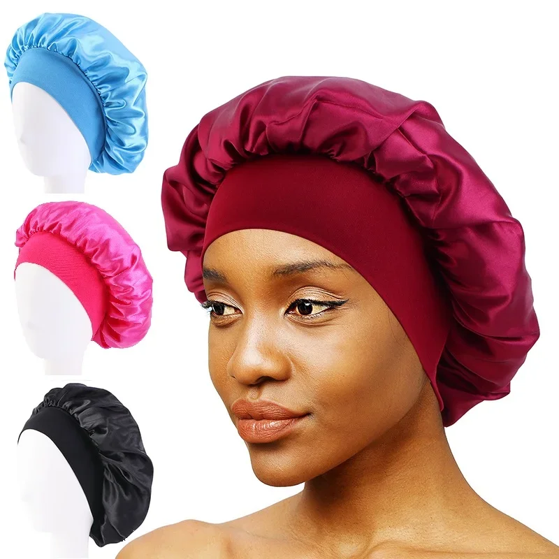 Nouveau femmes Satin solide à large bord chapeau de couchage unisexe tête enveloppement bande élastique casquette soins des cheveux Bonnet chapeau de nuit bonnet de nuit