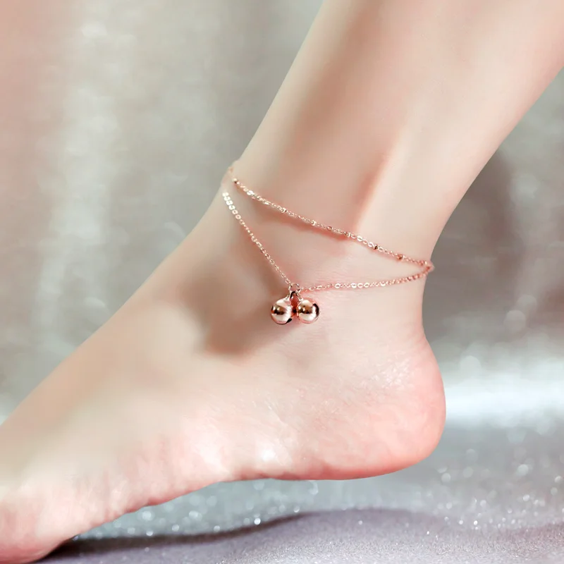 Summer Anklet for Women Two Bells 2-layer Tassle Titanium Steel Rose Gold Color Foot Chain Fashion Charm Jewelry(A008)