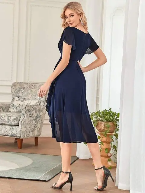 Robe en Mousseline de Soie, Taille Personnalisée, Plissée, Fendue, Col en V, Manches Croisées, Bleu Marine, Bordeaux, Crépuscule Rose, Haut, Bas, Courte – Image 2