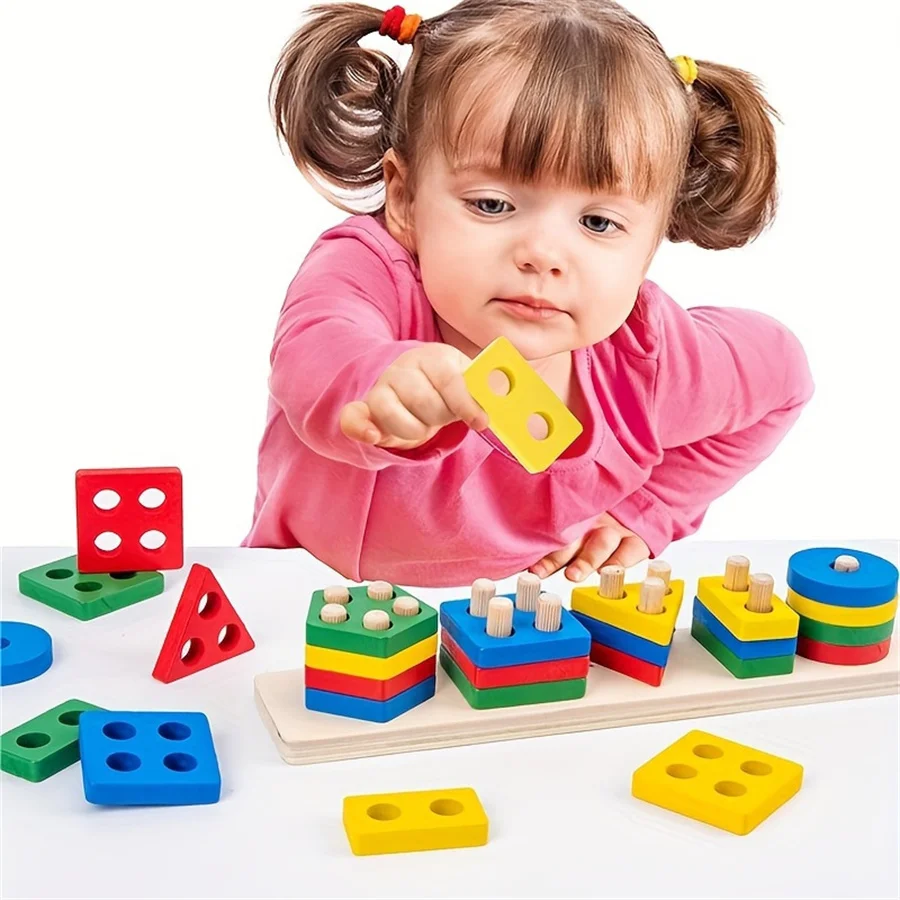 Jouets de pilier en bois massif pour enfants, puzzle d'éducation précoce, forme géométrique Montessori, bloc de métal assressenti