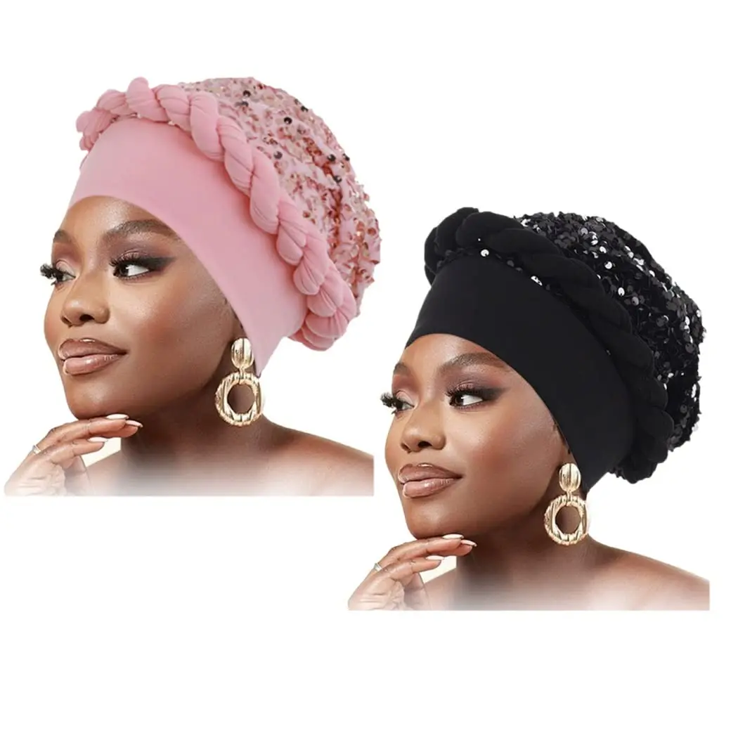 Turban Africain à Paillettes pour Femme Noire, Bonnet Pré-Attaché, Tressé, Couvre-chef, Vêtements de Sauna