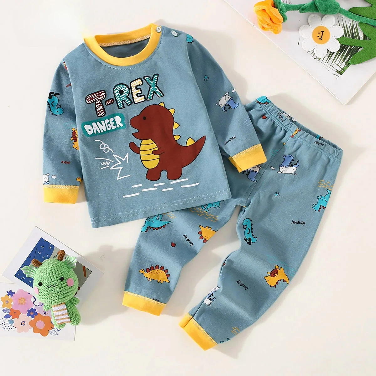 Ensemble de sous-vêtements pour garçons en coton avec lettrage et motif d'ours, haut à manches longues et pantalon assorti, ensemble pyjama