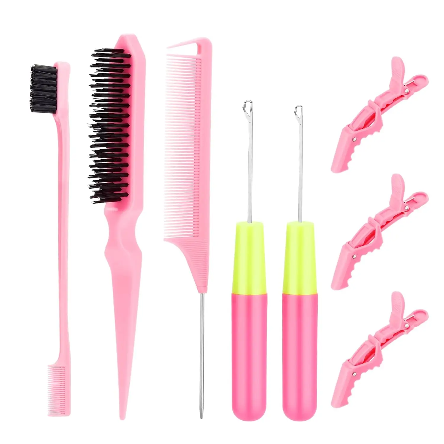 Ensemble de crochets pour cheveux – 2 aiguilles à crochet, brosse à bord, brosse à poils, peigne à queue de rat, 3 pinces Gator pour extensions de cheveux torsadées