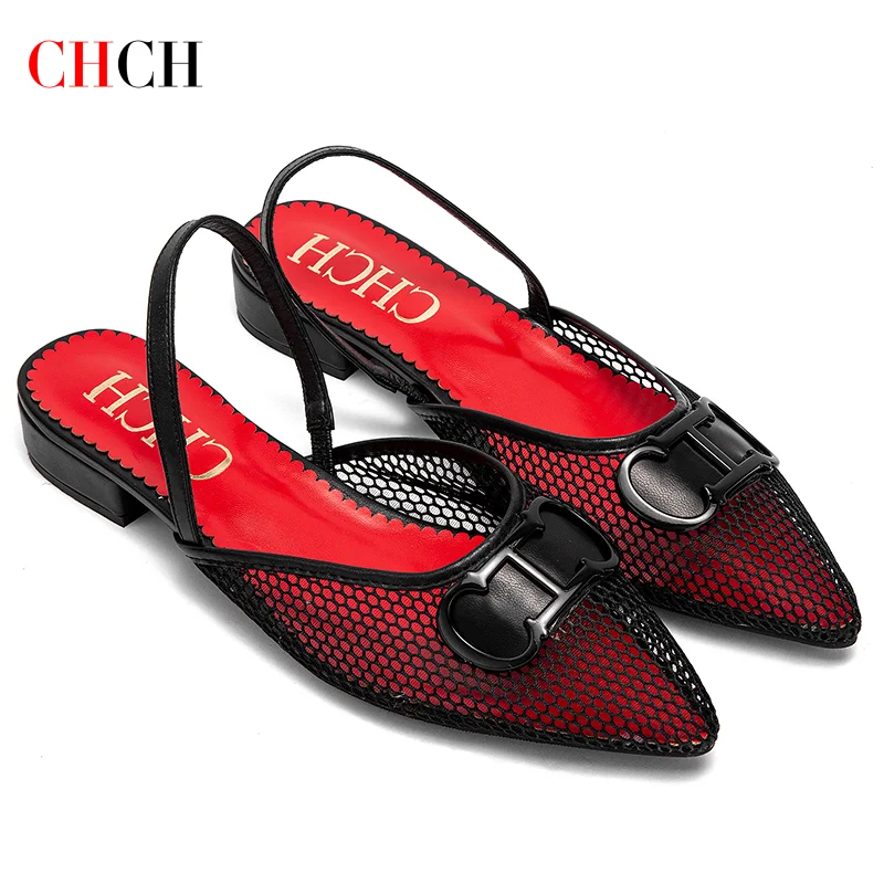 CHCH – chaussures plates pour femmes, sandales creuses en maille, noires, nouvelle collection 2024