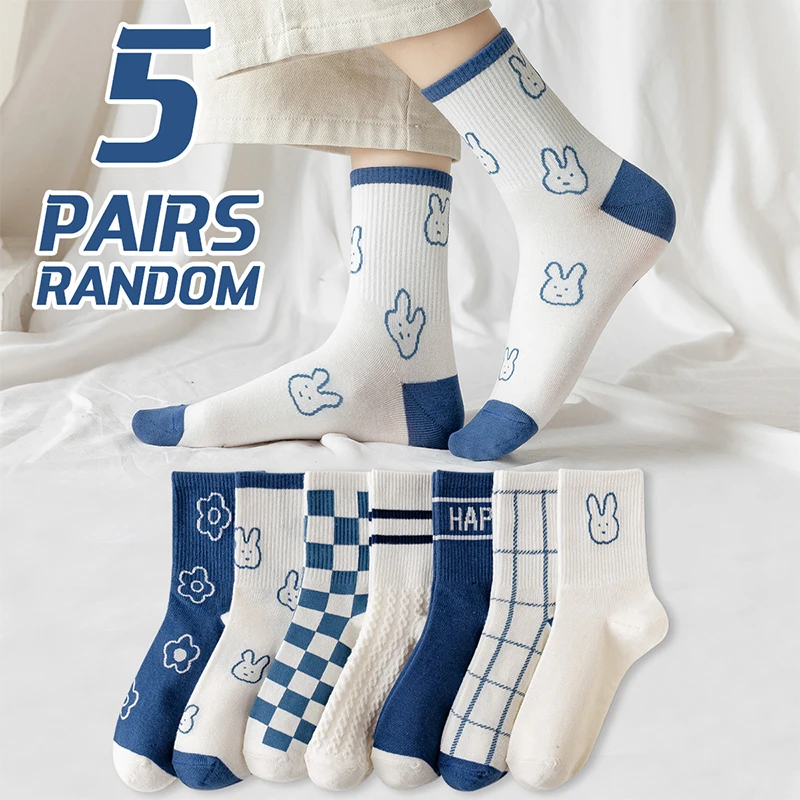 5 paires de chaussettes centrales confortables et respirantes pour femmes, quatre saisons, dessin animé lapin mignon, lettre Slogan Grille, Style collège doux