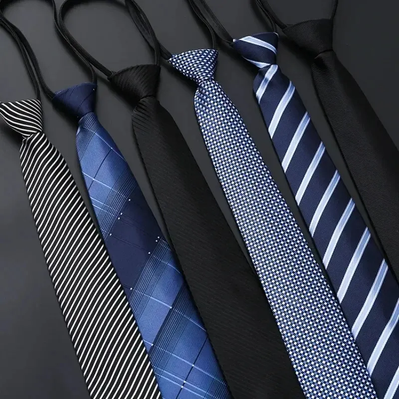 Chemise élégante à rayures bleues et noires pour hommes, robe d'affaires, col à fermeture éclair, cravates paresseuses, accessoires pour marié de mariage