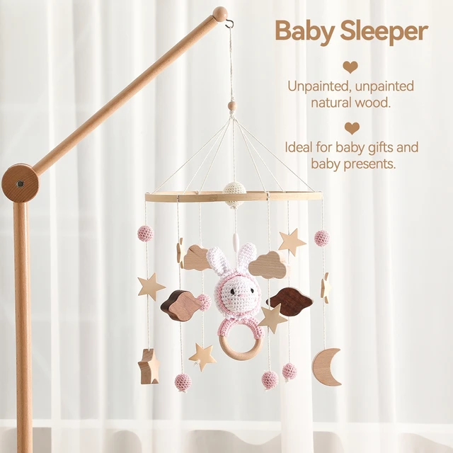 Berceau de bébé Mobile hochet en bois jouet cloche de lit Mobile suspendu rose Crochet lapin jouets nouveau-né boîte à musique berceau support Mobile cadeau – Image 4