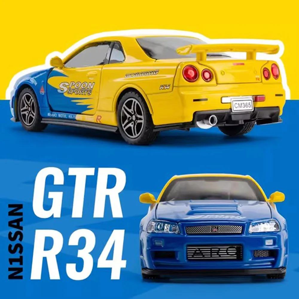 Jouets GTR R34 R35 en alliage, modèles de voitures miniatures en métal moulé sous pression, 4 portes ouvertes, son et lumière, modèles de traction pour enfants, cadeau, 1:32