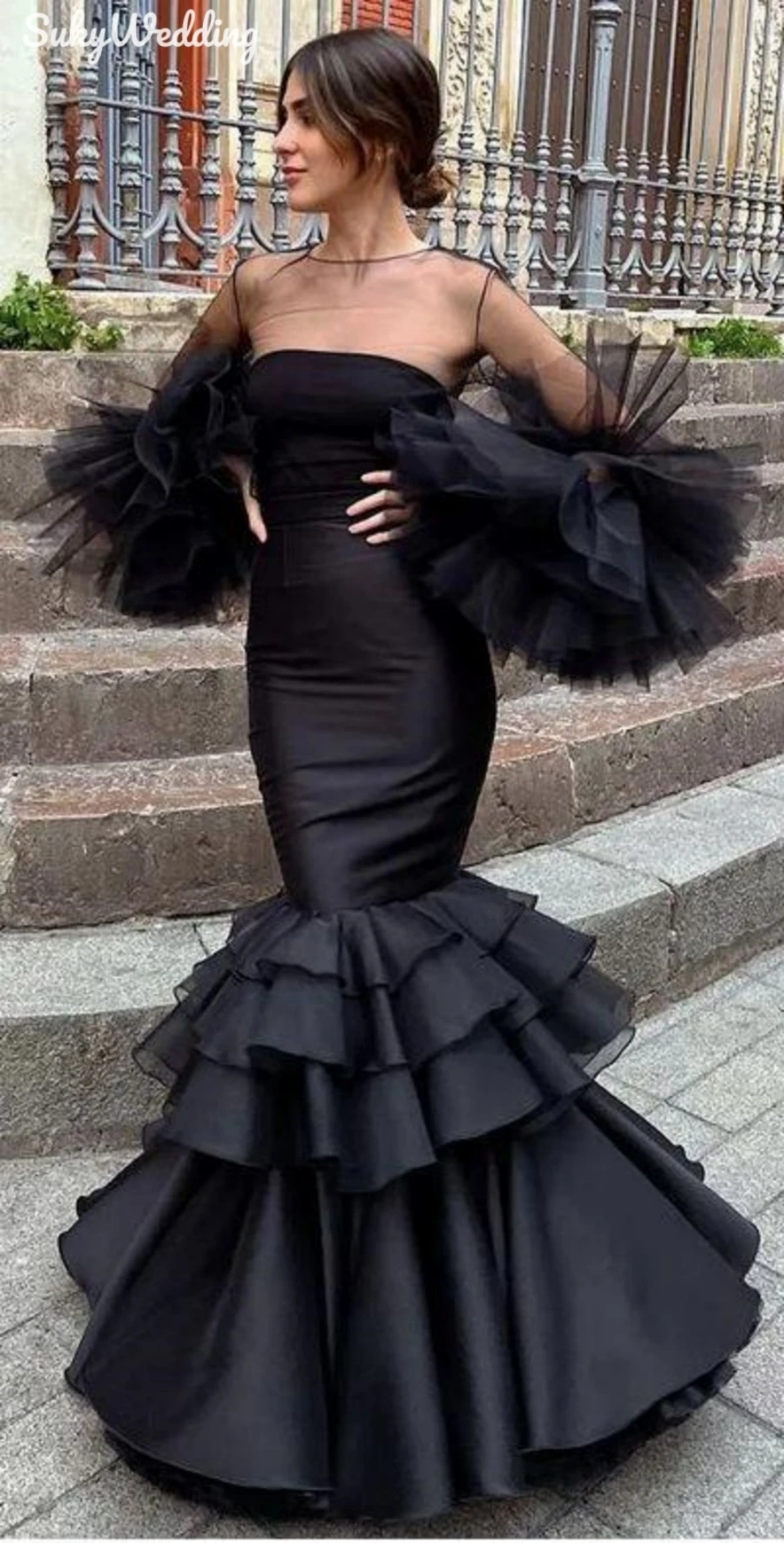Robe Flamenco noire rétro palais sirène robes de bal Illusion Flare manches longues volants espagne danse femmes robes de soirée