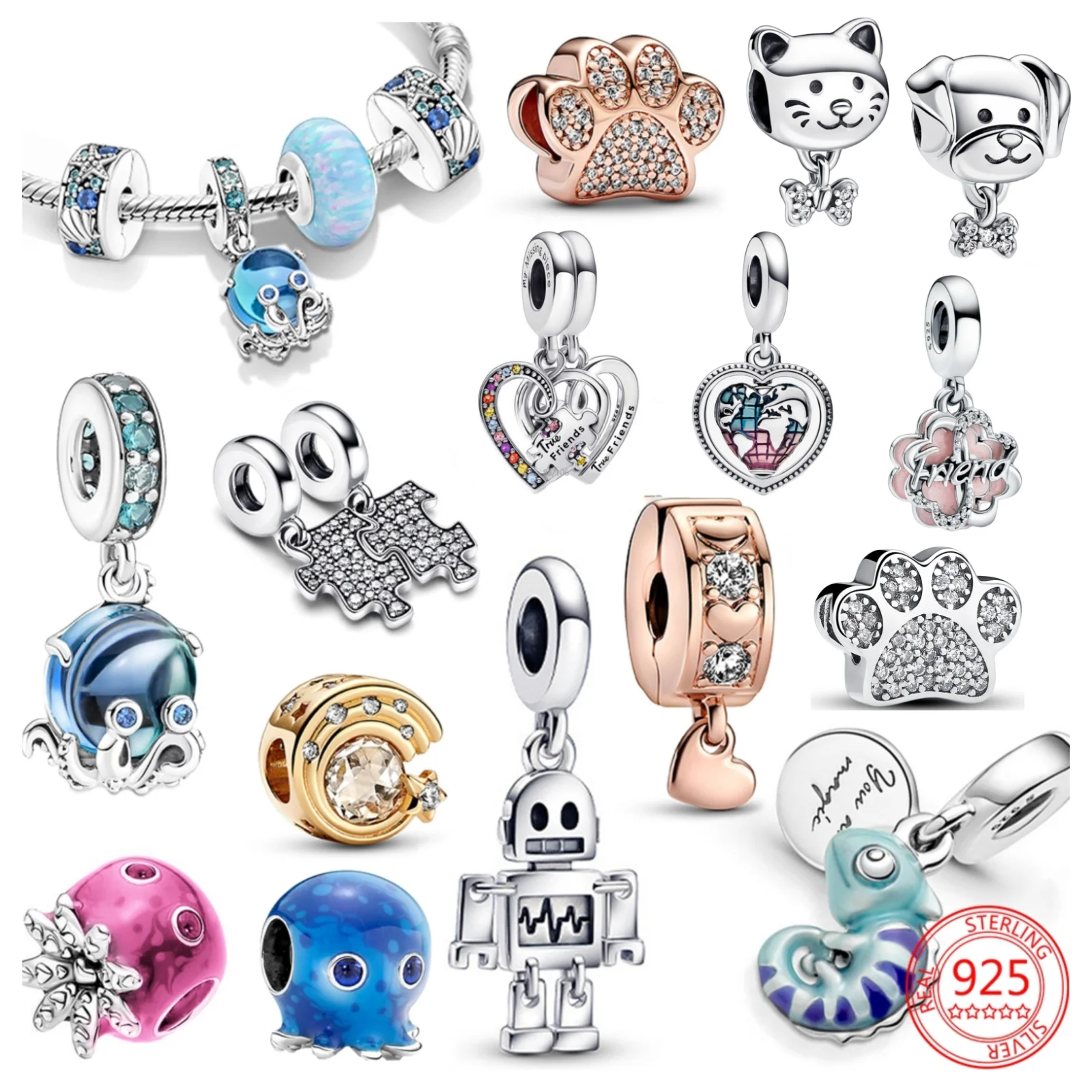 Pendentif à breloque caméléon en argent Sterling 925 pour femmes, Puzzle d'obturation, chat, animal de compagnie, adapté au Bracelet Original Pandora, bijoux