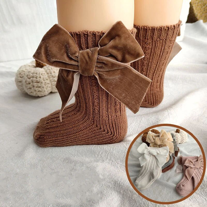 Chaussettes d'hiver pour bébés filles, tricotées épaisses, à la cheville, avec gros nœuds, en coton chaud, pour enfants de 0 à 5 ans