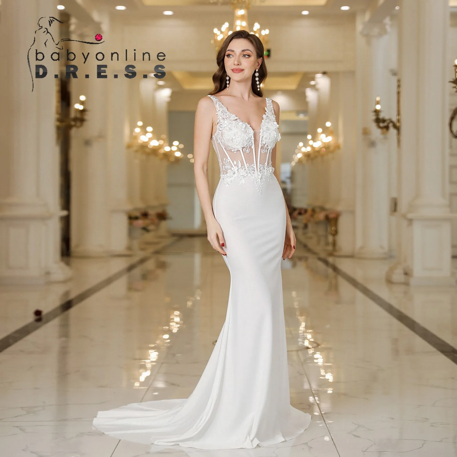 BABYONLINE robe de mariée sirène pour les mariées 2025 élégant col en V dentelle florale perlée longueur au sol jupe Illusion corsage Maxi robe