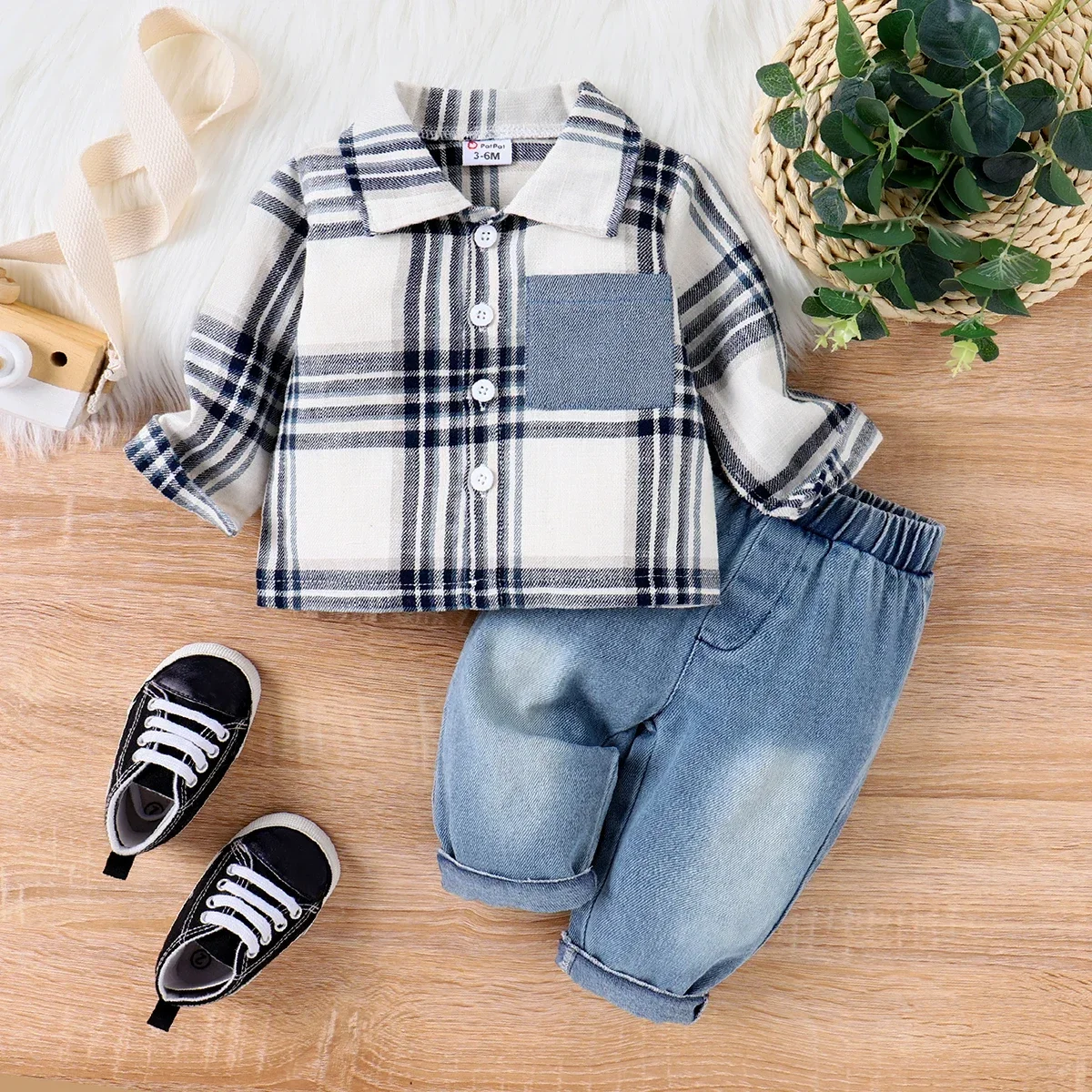 PatPat-Chemise à carreaux à manches longues et jean en denim pour bébé garçon, poche plaquée, ensemble doux et confortable, parfait pour les sorties, 2 pièces