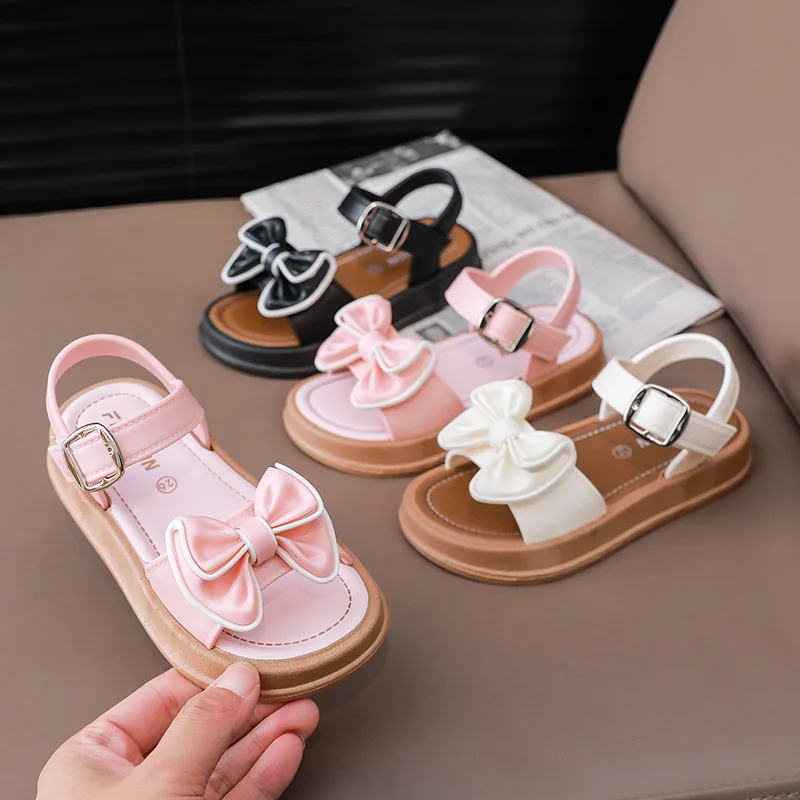 Nouvelles sandales d'été à la mode pour filles, sandales de princesse avec nœud, pour étudiants de 3 à 14 ans, à l'extérieur, sandales polyvalentes en Velcro
