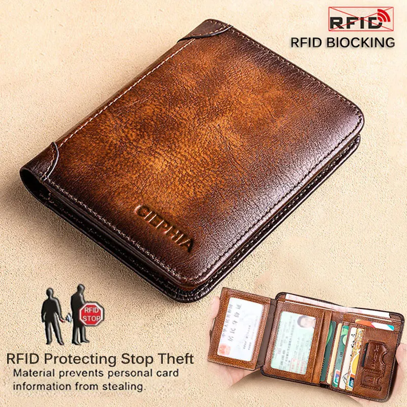 Portefeuilles de Protection Rfid en cuir véritable pour hommes, Vintage, fin, court, multifonction, porte-carte d'identité, sac d'argent