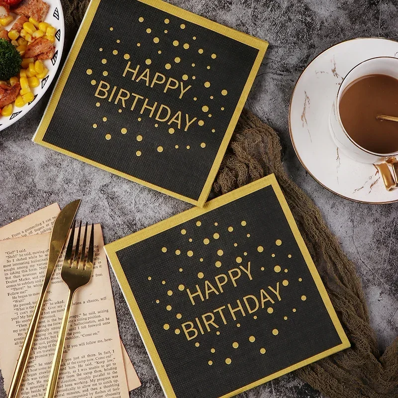 Serviettes imprimées colorées pour fête d'anniversaire, serviettes carrées en papier avec lettrage doré sur fond noir, napperons en papier, 20 pièces/pac 33cm