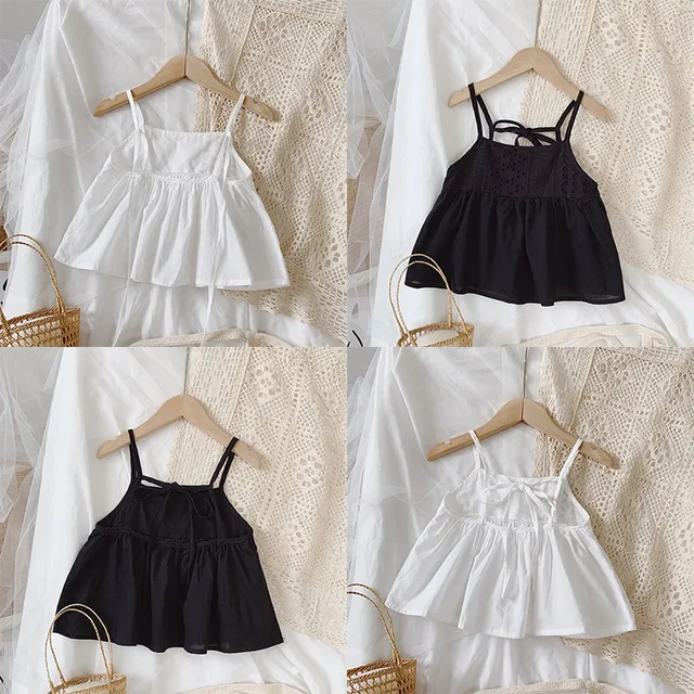 Été enfants fille fronde haut doux fronde manches T-shirt enfants vêtements hauts courts enfant en bas âge couleur unie nœud gilet – Image 4