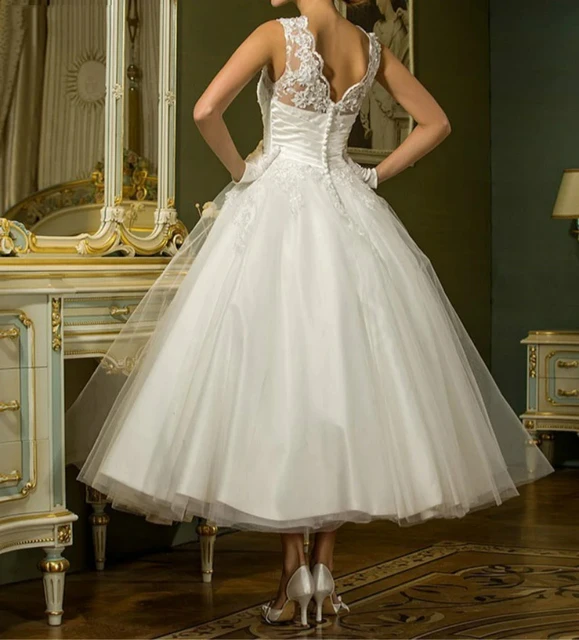 Robe de mariée courte vintage en dentelle et tulle, robe de Rhde princesse, dos en V, longueur en fibre de thé, robe de mariée, robe de mariage, robe éducative – Image 2