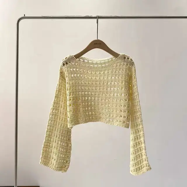 Haut en tricot au Crochet à manches longues pour femmes, Cover-Up pour Bikini de plage, pull court en laine, chemisier de vacances, tenue Boho, été – Image 5