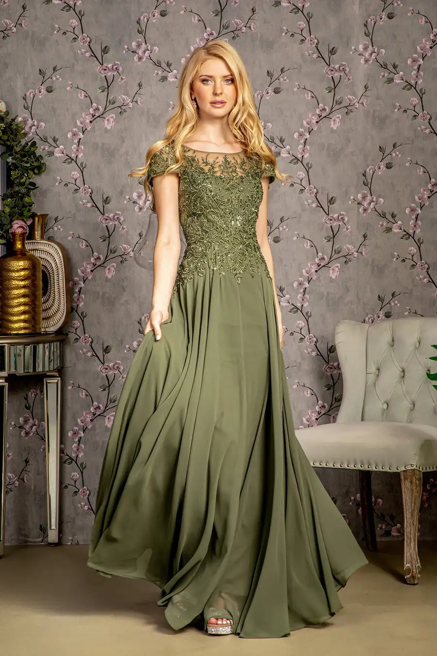 Robe de soirée élégante en mousseline de soie, manches courtes, ligne A, dos fermé, paillettes, mère de la mariée/du marié, grande taille