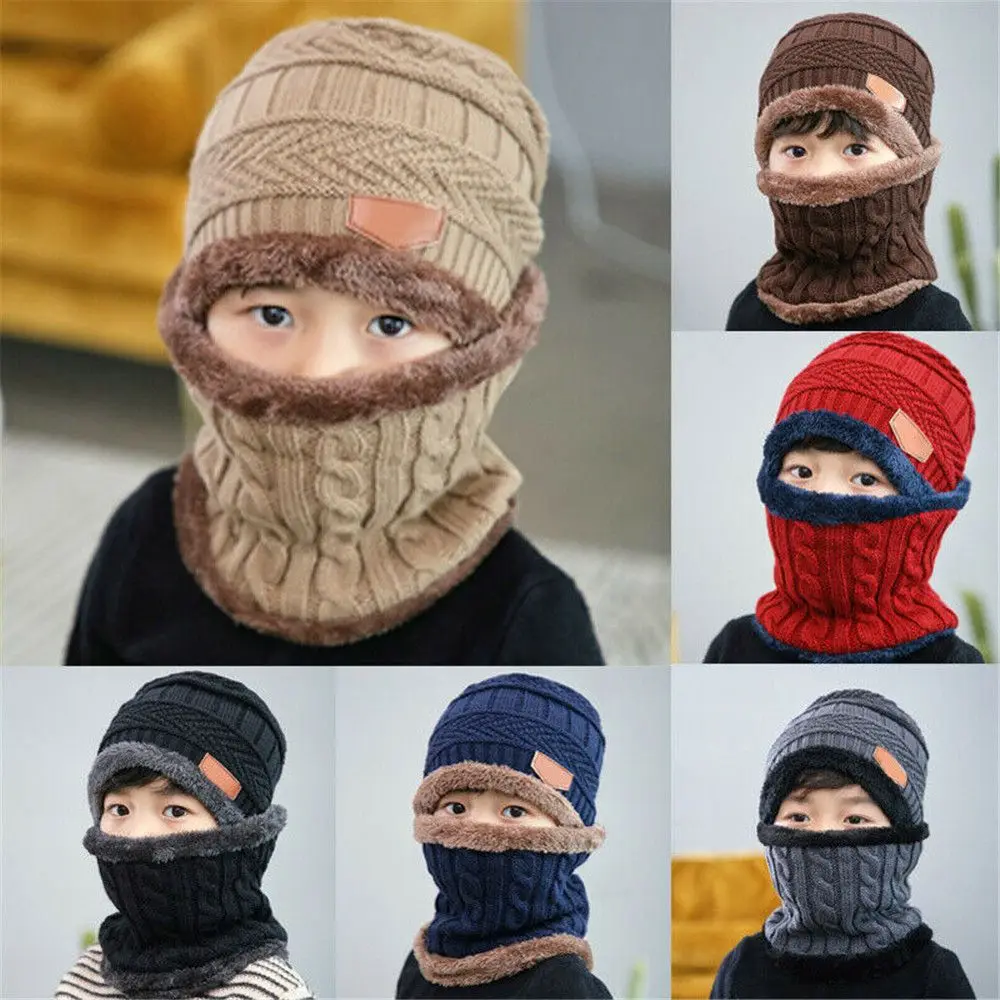 Enfants hiver cou écharpe casquette ensemble mode bonnet chaud chapeau écharpe ensemble cou couverture polaire tricoté épais casquette de Ski chaud cagoule chapeau