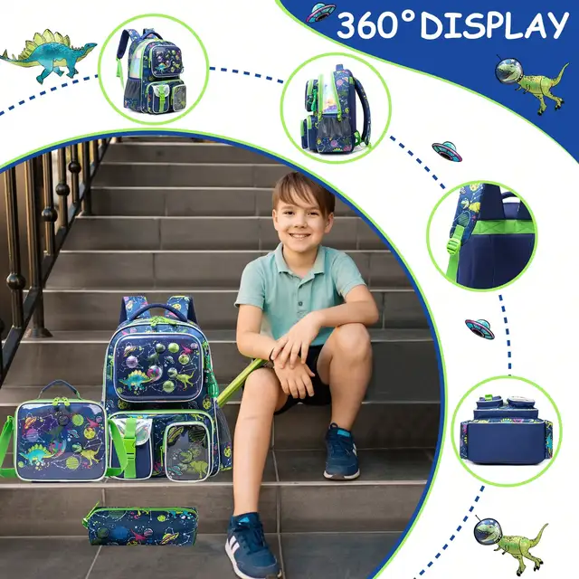 Sac à dos à coque rigide pour garçons, 3 pièces, pour l'école primaire, Extra Large, avec sac à déjeuner et sac à stylos pour pique-nique – Image 3