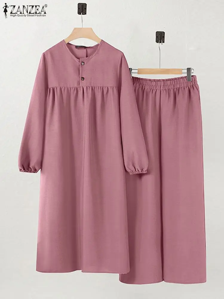 ZANZEA automne 2 pièces à manches longues Blouse pantalon ensembles Abaya costume musulman Hijab survêtements dubaï tenue femmes décontracté solide ensembles assortis