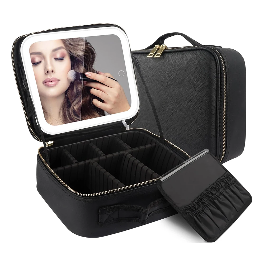 Organisateur de maquillage avec lumière miroir, 3 luminosité réglable, étui de voyage, sac à cosmétiques, cloison de rangement Portable étanche