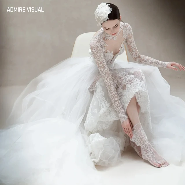 Robe de mariée en dentelle sirène pour la mariée, 2 en 1, haute présidence, manches complètes, sur mesure, plus une robe éducative – Image 5