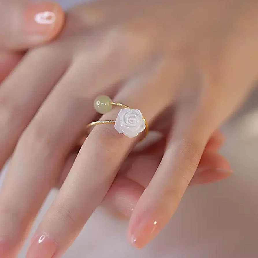 Accessoires pour femmes Hotan Jade blanc Rose fleur anneaux ouverts pour femmes bague réglable bijoux de fête de mariage cadeau Anillo anneau