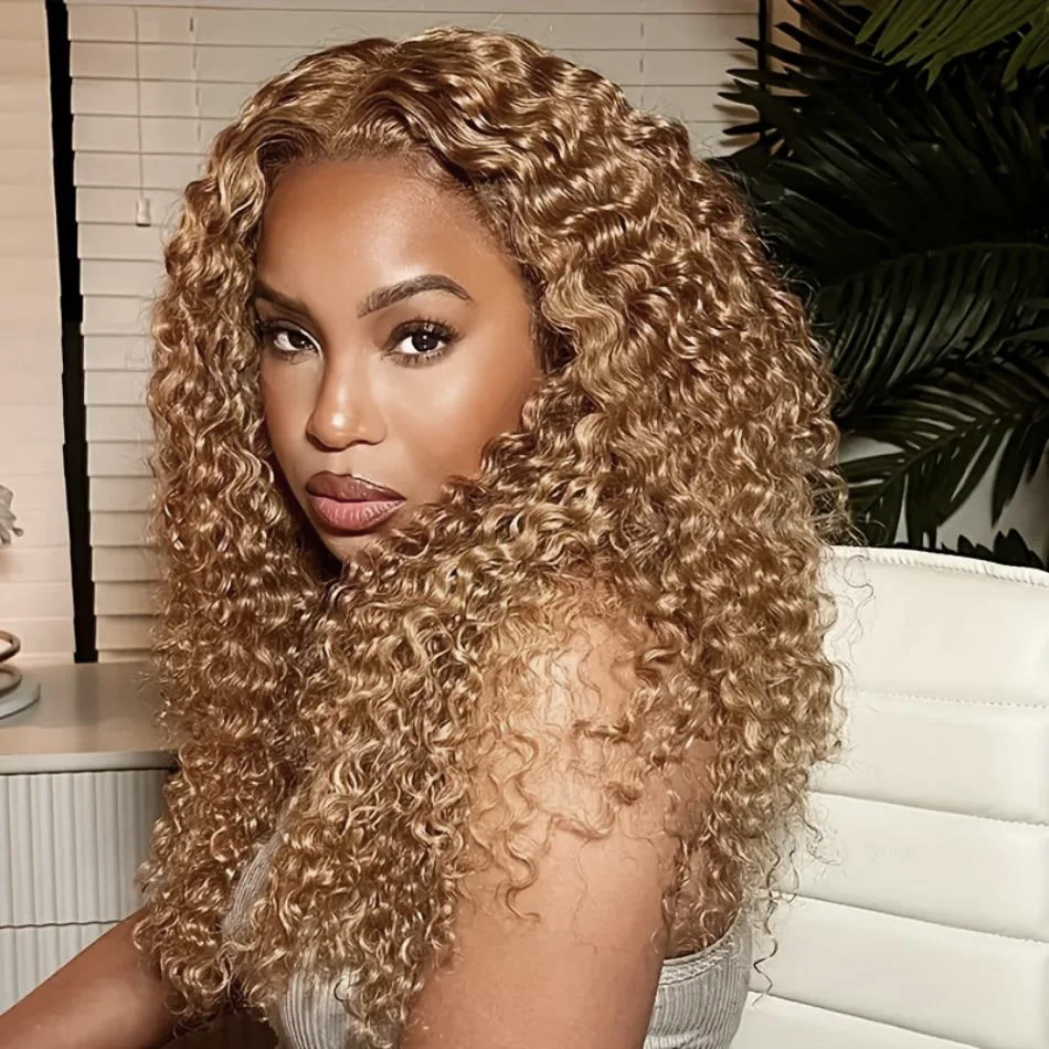 Honey Blonde Human Hair Colored Wig 13X4 Lace Front Deep Wave Wigs 13X6 Lace Frontal Curly Wig 30 34 Inch For Black Women