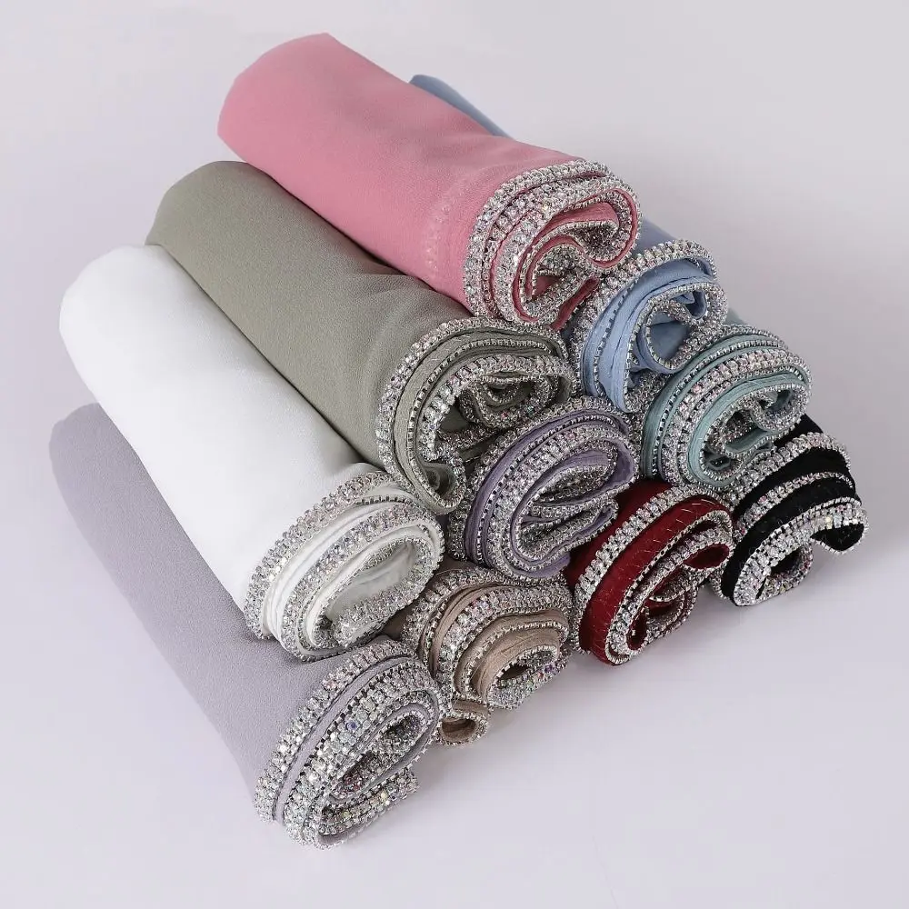 Châle Hijab en Mousseline de Soie avec Strass Scintillants, Voile Solide pour Document, Protection Solaire de Plage, Écharpe de Sauna, Coupe-Vent pour l'Extérieur, Tête Ronde