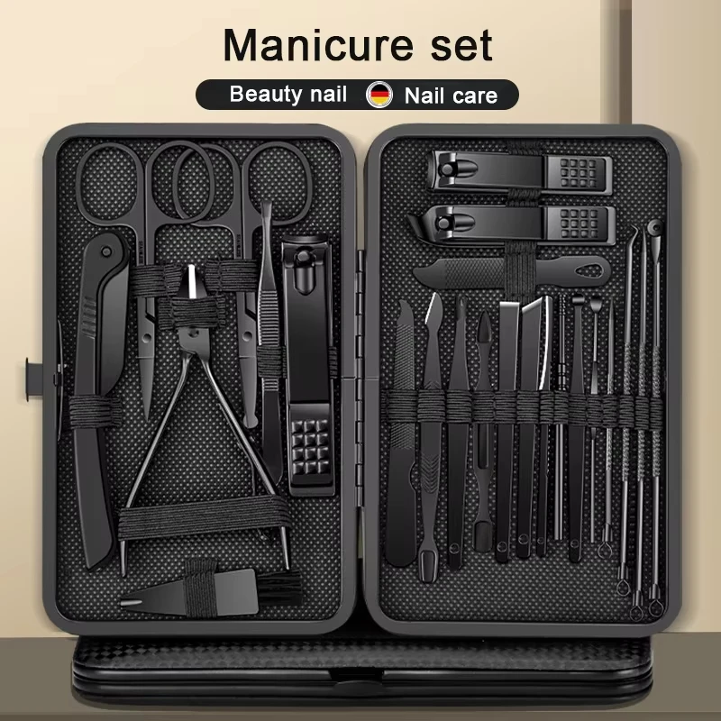 Ensemble de coupe-ongles noir, couteau de pédicure, outil de beauté des ongles en acier inoxydable, soins des ongles, boîte de voyage Portable 8/12/15/20/24 pièces