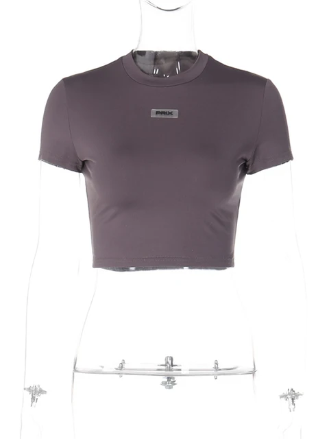 Hugcitar lettre imprimée col rond manches courtes Sexy mince haut court T-Shirt 2023 printemps été femmes mode Y2K Streetwear t-shirts décontractés – Image 6