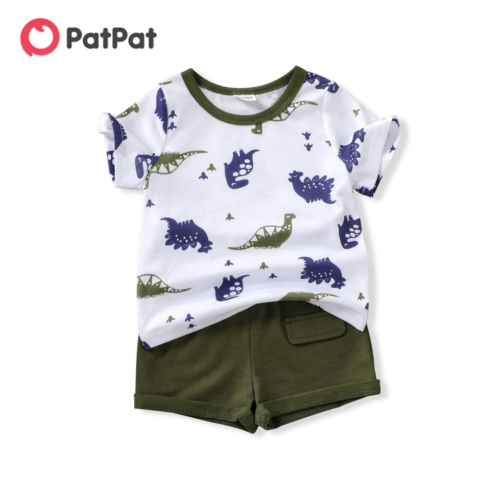 PatPat-Ensemble T-shirt à Manches Courtes et Short Solide pour Bébé Garçon, Imprimé Dinosaure, Doux et Confortable, Parfait pour les Sorties, 2 Pièces